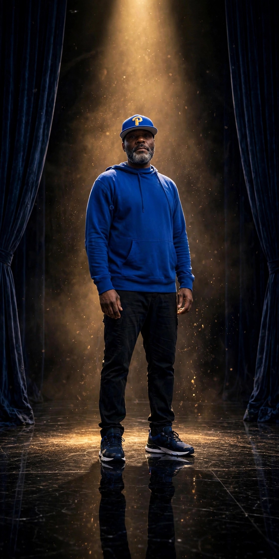 Cyph Life — Lawrence Montague standing on stage in a shaft of golden light between velvet curtains